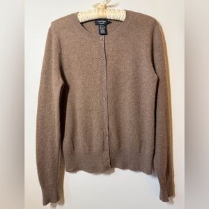 Lord & Taylor cashmere cardigan light brown ribknit neck cuffs and hem. Size M